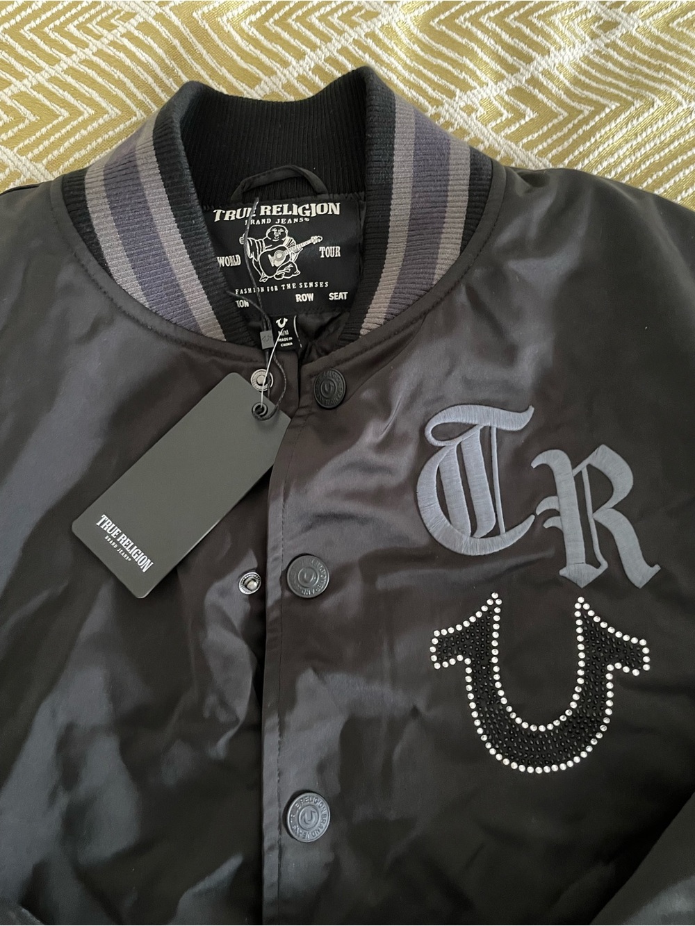 True Religion Black Satin Varsity Jacket with Gray Trim